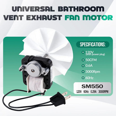 Quiet Bathroom Exhaust Fan Motor Kit For 50 CFM Fans With 3000 RPM 120V Replacement Universal Fit For Nu Tone Models Plug And Play DIY Install In Minutes Super Silent Operation 6 Inch Wiring Harness And Mounting Studs Included shown with specifications