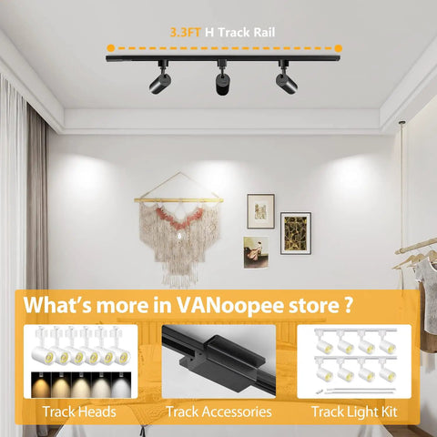 Room interior showcasing 3.3ft Black H Style Track Lighting Rail Kit For 120V Single Circuit Systems with accessories