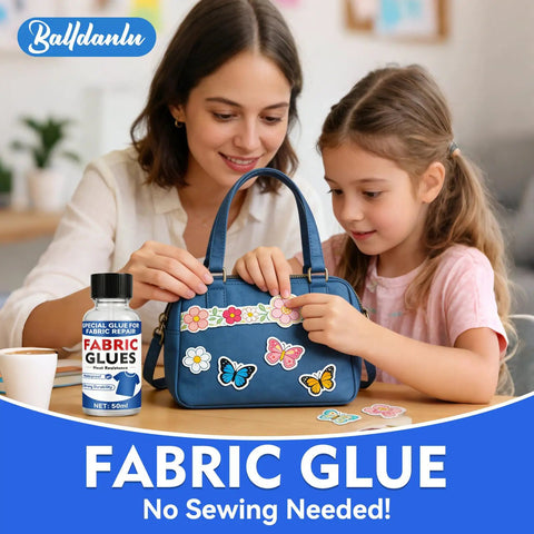 Mother and daughter decorating blue bag with Permanent Fabric Glue That Sticks Like A Dream, bottle visible on table.