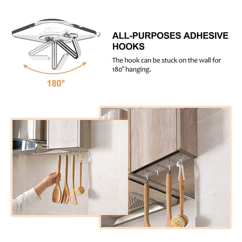 Heavy Duty Adhesive Hooks Set 12 Pack Transparent Wall Hooks For Bathroom And Kitchen Reusable And Removable Waterproof Oilproof Sticky Hooks For Glass Doors And Surfaces No Fuss showing hooks holding kitchen utensils