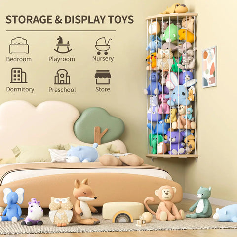 Wood Corner Stuffed Animal Storage Organizer with Star Pattern adjustable hanging toy shelf filled with plush toys in kid's room.