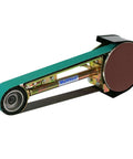 Hella Compatible 2X48 Belt Grinder Attachment Converts Standard Bench Grinder Into Rock Solid Vertical Or Horizontal Grinding Rig Featuring No Sweat Quick Change Tension System, green and brown belt, multi-tool design.