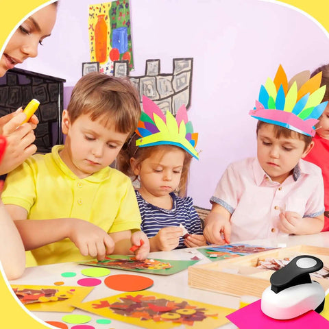Children crafting with Six Piece Circle Punch Set With All The Right Sizes 0.3in 0.6in 1in 1.5in 2in 3in And Ten Color Sticker Papers
