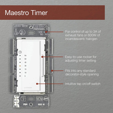 Maestro In-Wall Digital Timer for Lights and Fans, Single-Pole, 5A Light and 3A Fan Load, Black Finish, auto off feature diagram