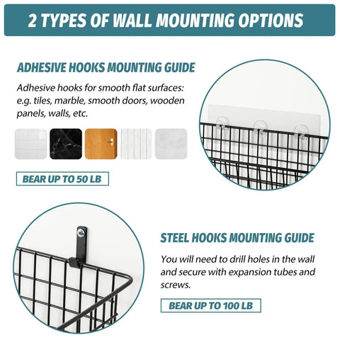 Extra Large Hanging Wall Mount Storage Baskets 4 Pack Sleek Black Wire Metal Organizer With Adhesive And Steel Hooks Badass Durability Zero Hassle Setup For Kitchen Bathroom Pantry And Utility Spaces