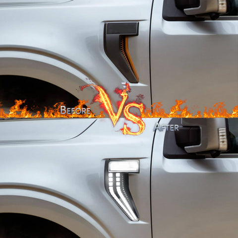 Amber LED Fender Side Marker Lights Kit for Ford F150 showing before and after installation on truck front fender