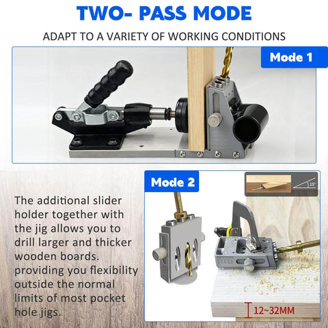 Pro Grade Pocket Hole Jig Kit with Dust Collection and adjustable 15 degree holes shown in two-pass mode setup.
