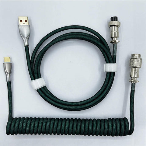 Pro Grade USB A To USB C Spiral Keyboard Cable 1.8M Dark Green Wear Resistant Braided Sheath Aviation Style Plug High Speed Data Transfer For Mechanical Keyboards 8KHz Magnetic Axis Return Ready, coiled