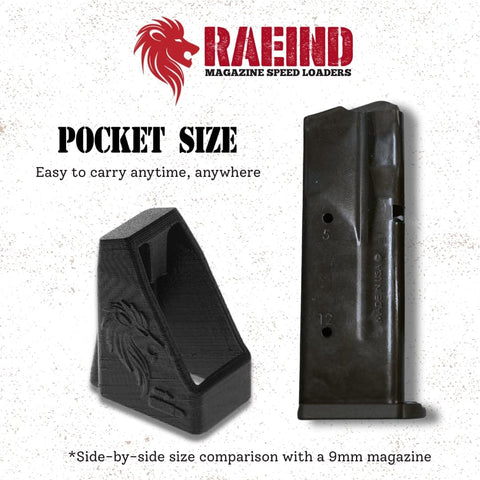 Hi-Point JHP 45 Gen 2 Magazine Speed Loader for .45 ACP, pocket-size comparison with 9mm magazine, made in USA