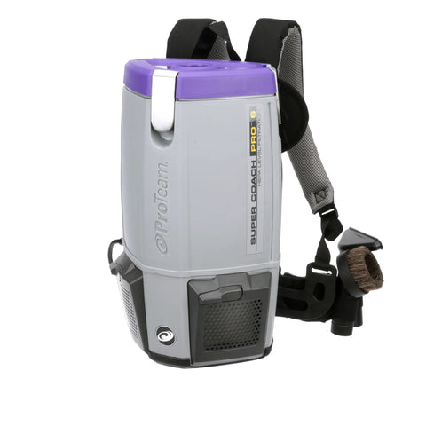 Backpack-style ProTeam Super Coach Pro 6 vacuum cleaner, compatible with HEPA Replacement Filters Twin Pack for Supercharge Indoor Air Quality.