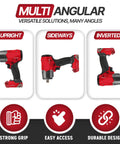 Image showing a power tool in upright, sideways, and inverted positions highlighting versatile angles and ergonomic design.