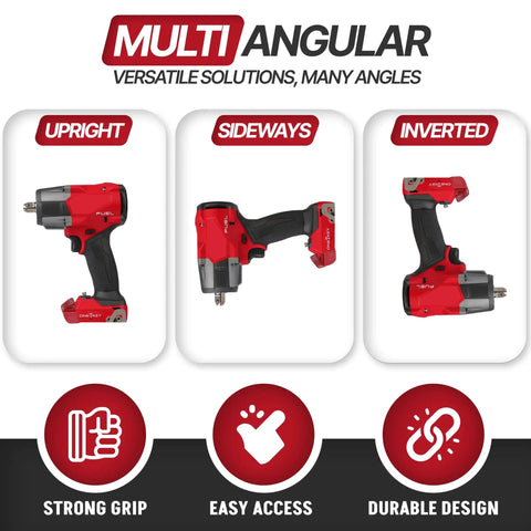 Image showing a power tool in upright, sideways, and inverted positions highlighting versatile angles and ergonomic design.
