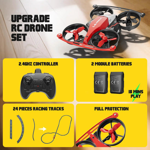 Dual Mode Mini Indoor Drone And Flying Car For Kids 8 12 With 24 Track Set 360 Flips Altitude Hold Jump Fly Railcar Race And Two Batteries For Indoor Fun with controller, racing tracks, and full protection features.