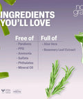 No Gray product ingredients list showing items free of harmful chemicals and full of aloe vera and rosemary leaf extract.