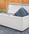 130 Gallon Desert Sand Deck Box with Weatherproof HDPE Construction, Powder-Coated Steel Hinges, Open Lid and Cushions Inside