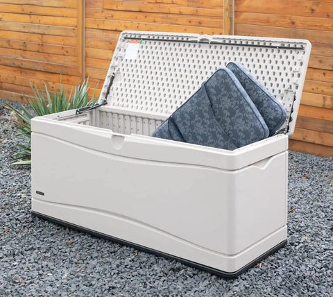 130 Gallon Desert Sand Deck Box with Weatherproof HDPE Construction, Powder-Coated Steel Hinges, Open Lid and Cushions Inside