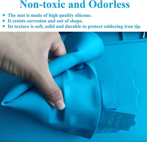 Hand holding flexible Heat Resistant Silicone Soldering Work Mat For Electronics Repair, Withstand Up To 932 F in blue, non-toxic material