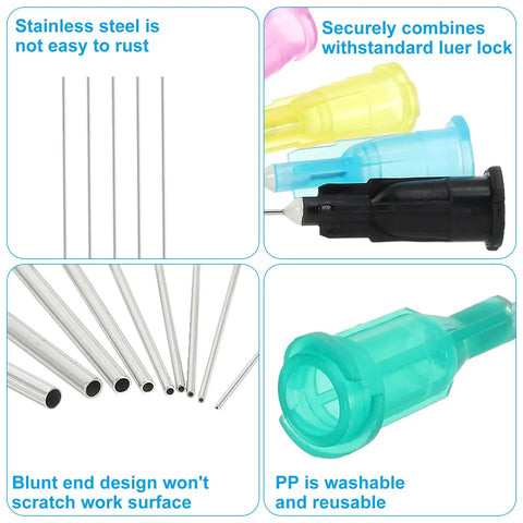 Workhorse 18G Blunt Tip Dispensing Needles Set, 10 Pack, illustrated features of stainless steel and luer lock.