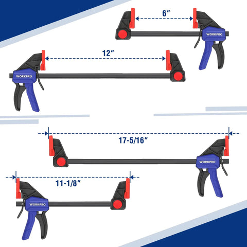 One Handed Bar Clamps Set for Woodworking, Six Pack Quick Change F Clamp and Spreader, Four 6 Inch and Two 12 Inch Light Duty Clamps, 150 lbs Load, Durable Nylon Body, Easy Use Blue Clamp System shown from side view