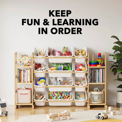 Toy Storage Organizer With Six Shelves And Twelve Bins Bookshelf For Playroom And Bedroom Organization Kid Friendly Design