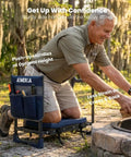 Man using Foldable Garden Kneeler Seat With Upgraded No Slip Base And Removable Cushion, 350 Lbs Capacity near a fire pit.