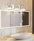 Three-Light Brushed Nickel Vanity Light Fixture For Bathroom Over Mirror With Crystal Accents, 22.85 in L, shown in modern bathroom