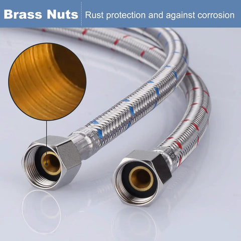 Straight Up Heavy Duty Faucet Supply Lines 3/8 Inch To 3/8 Inch Female Compression Thread 1 Pair connects faucets with brass nuts.