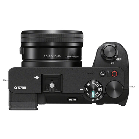 Top view of A6700 Mirrorless Camera Kit With 16 To 50mm Lens, showing controls and lens details.
