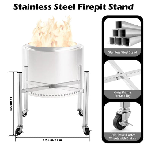 Firepit Stand With 360 Degree Swivel And Locking Wheels Stainless Steel Elevating Stand For 19.5 To 27 Inch Fire Pits Including Solo Stove Bonfire Yukon Great For Grilling And Chillin In The Backyard, showing stainless steel frame, firepit, and swivel wheels.
