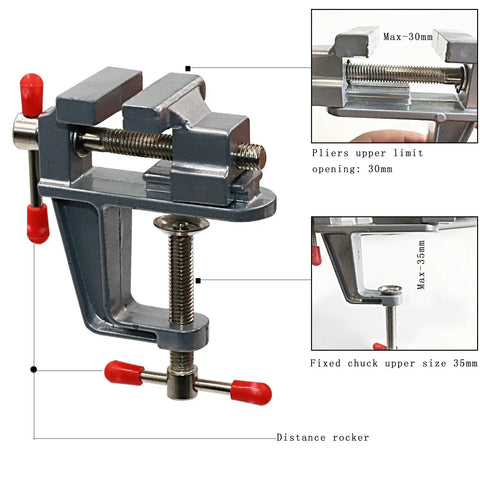Mini Jeweler Table Clamp For Hobbyists And Pros Portable Workbench Vise With Secure Grip Durable Metal Construction Ideal Jewelers Clamp For Jewelry Making And Craft Repairs On The Go, showing dimensions and metal design with red grips.