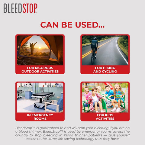 BleedStop first aid powder four use panels for outdoor activities, hiking and cycling, emergency rooms, kids activities