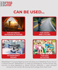 BleedStop Nosebleed Strips infographic showing 4 panels: outdoor activities, hiking/cycling, emergency rooms, kids activities.