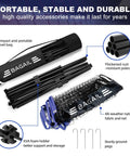 Super Tough All In One Adjustable Badminton Net Up To Five Point One Feet Tall Ideal For Kids Volleyball And Pickleball Quick Setup Portable Sports Net With Bag For Tennis Pool Backyard Games And Indoor Play Ten Feet Long In Blue displayed with bag, poles, and stakes.