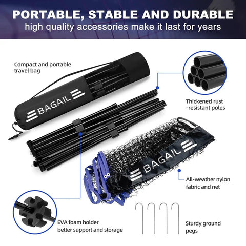 Super Tough All In One Adjustable Badminton Net Up To Five Point One Feet Tall Ideal For Kids Volleyball And Pickleball Quick Setup Portable Sports Net With Bag For Tennis Pool Backyard Games And Indoor Play Ten Feet Long In Blue displayed with bag, poles, and stakes.