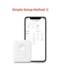 One Tap Smart Remote For Your Home Automation Needs Works With Curtain Bot Color Bulb LED Strip Blind Tilt And Plug Mini Bluetooth Five Point Zero Long Range Easy Control No Phone Required featured next to smartphone with setup screen