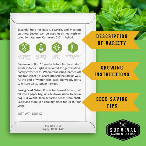 Image of seed packet with instructions for Ten Culinary Herb Seeds Pack For Indoor Kitchen Garden Featuring Basil Cilantro Lavender Dill Parsley Oregano Thyme Sage Chives Marjoram Ideal Starter Kit For Fresh Bangin Homegrown Flavors.