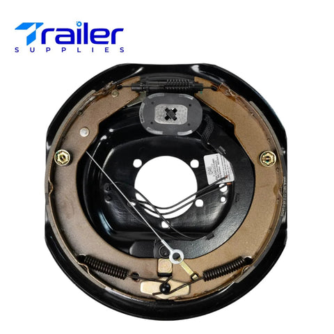 Trailer Supplies electric trailer brake assembly, 12x2 in; inside view showing brake shoes, springs, and wiring.