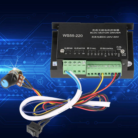 Beefy DC 48V 500W CNC Brushless Spindle Motor Driver Controller for BLDC Systems with wiring on blue tech background.