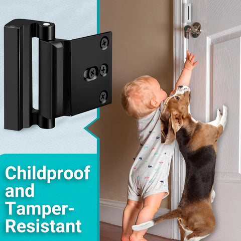 Heavy Duty Home Security Door Reinforcement Lock For Front Door Kid Safe And Kickproof Withstanding 800 Lbs Of Force Metal Deadbolt And Extra Flip Latch Secure Inside Door For Peace Of Mind Home Defender installed on door with child and dog