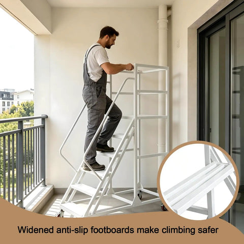 Top Shelf Easy Glide Six Step Warehouse Ladder With Triple Guardrails And Double Handrails Industrial Mobile Platform Staircase On Wheels Built Tough Handle Eleven Hundred Pound Load