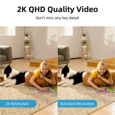 Comparison of 2K QHD video quality for indoor security camera showing a girl with a dog in a living room.