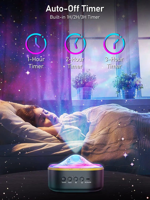 Woman sleeping under starry sky projection from Galaxy Projector Night Light With Remote And Speaker, bedroom decor.