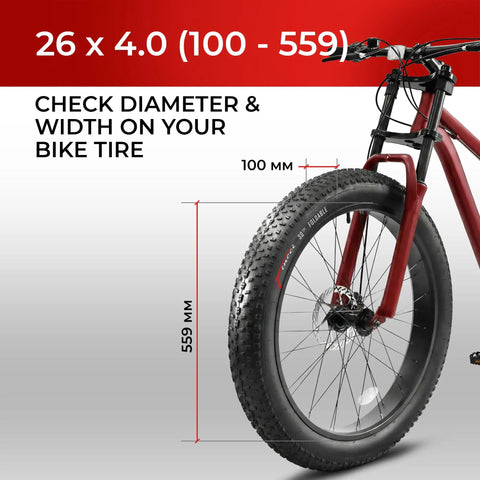 Pair Of 26 X 4.0 Fat Mountain Bike Tires Foldable 100559 Anti Puncture 3mm Nylon Antipuncture With Kevlar Bead For All Terrain Grippy Traction On Sand Snow Dirt Standard 26 Inch Fat Rims, shown on bike