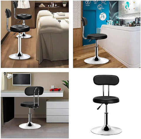Round Office Stool With Comfy Backrest, Adjustable Height Sit Stand Stool in black, 360 Degree Swivel, shown in office and home settings