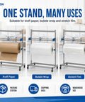 Rock Solid Industrial Packaging Roll Stand With No Hassle Slide Cutter And Easy Roll Casters for kraft paper, bubble wrap, and stretch film.