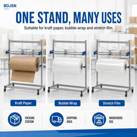 Rock Solid Industrial Packaging Roll Stand With No Hassle Slide Cutter And Easy Roll Casters for kraft paper, bubble wrap, and stretch film.