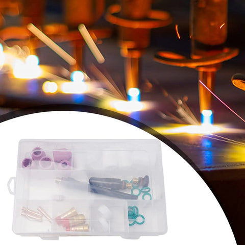 Top Notch 31 Pack TIG Torch Consumables Kit For WP17 WP18 WP26 with collets, cups, and nozzles in a clear case.