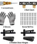 Heavy Duty Hidden Door Hinge Kit With 570 Lbs Load Capacity 360 Degree Pivot Rotation For Secret Doors And Bookcases Invisible Hinges Hardware Strong Pivot System For Hidden Rooms And Cabinet Entries, black steel kit with screws, gloves, and catch