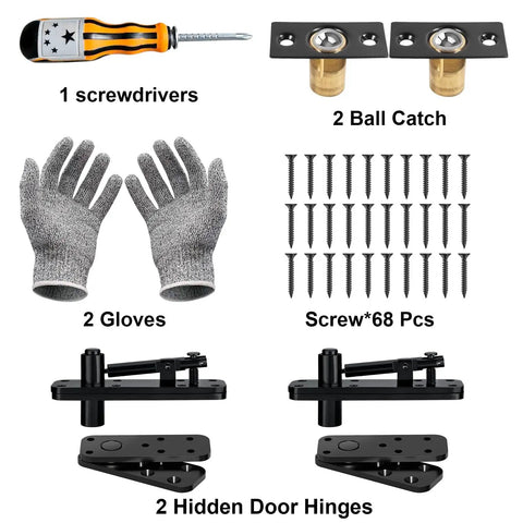 Heavy Duty Hidden Door Hinge Kit With 570 Lbs Load Capacity 360 Degree Pivot Rotation For Secret Doors And Bookcases Invisible Hinges Hardware Strong Pivot System For Hidden Rooms And Cabinet Entries, black steel kit with screws, gloves, and catch