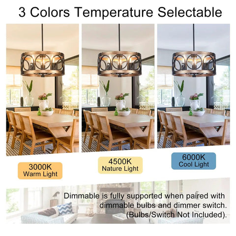 Six Light Dining Room Chandelier Over Table With Adjustable Height, Dope Black Farmhouse Drum Pendant Light in three color temperatures